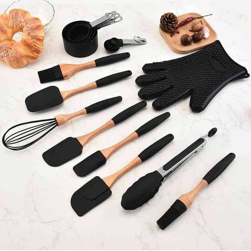 Silicone Wood Turner Soup - Spoon Spatula Brush, Scraper Pasta Gloves, Egg Beater Kitchen Cooking Tool