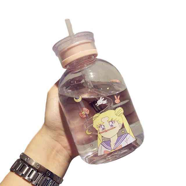 Botella de agua de plástico transparente dibujos animados botellas de agua esmerilada a prueba de fugas drinkware lindo estudiante