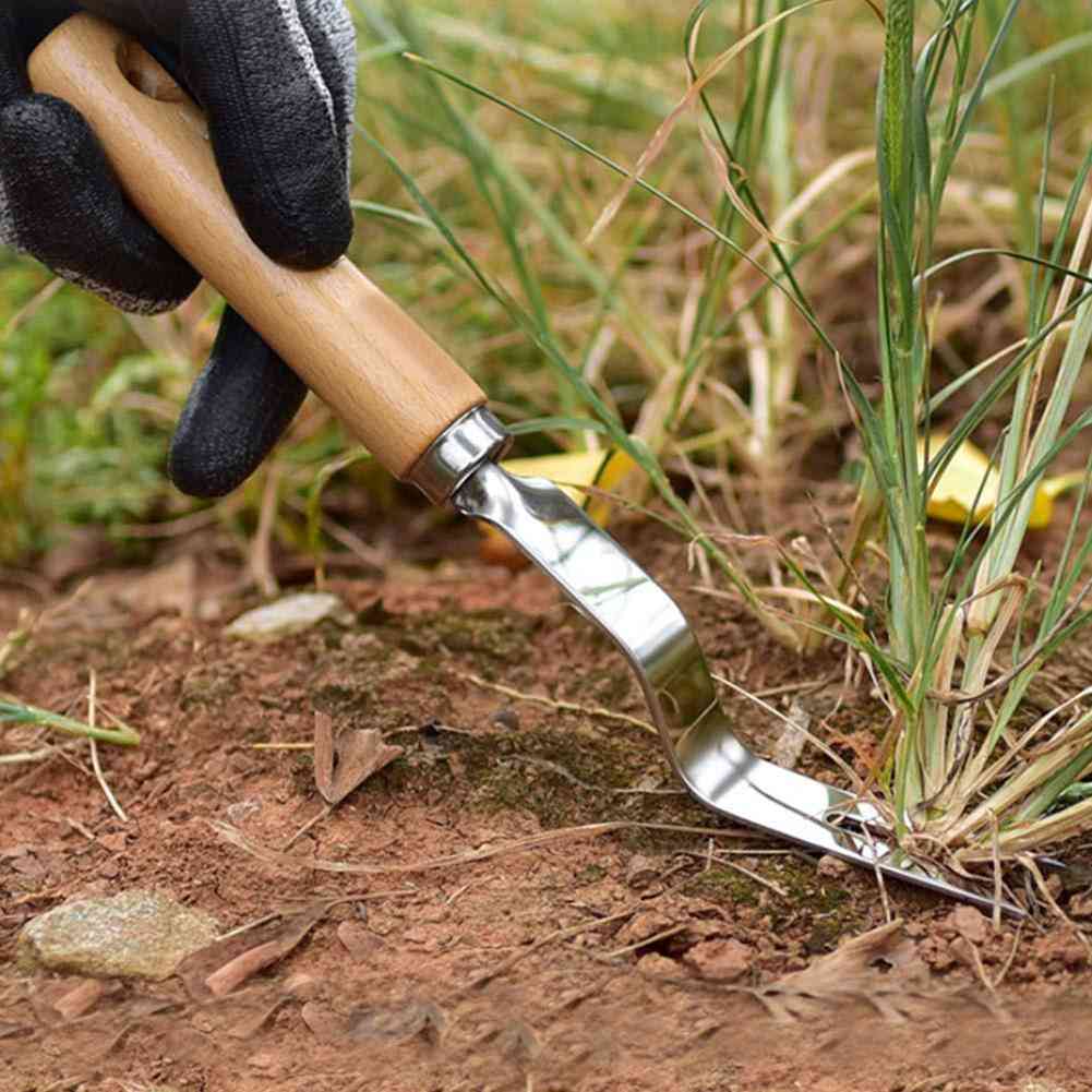 Stainless Steel Courtyard Lawn Digger, Wood Handle Hand Weeding Garden Tool