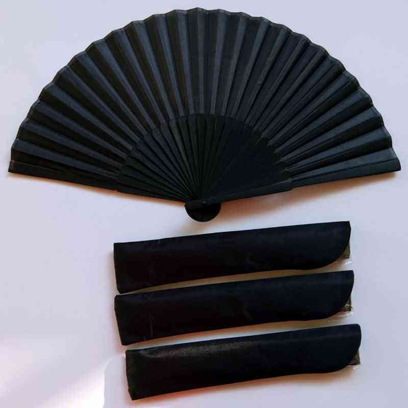 Abanico plegable de mano vintage negro estilo chino - 1 ventilador y 1 bolsa