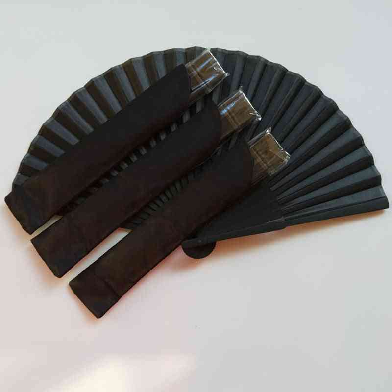 Abanico plegable de mano vintage negro estilo chino - 1 ventilador y 1 bolsa