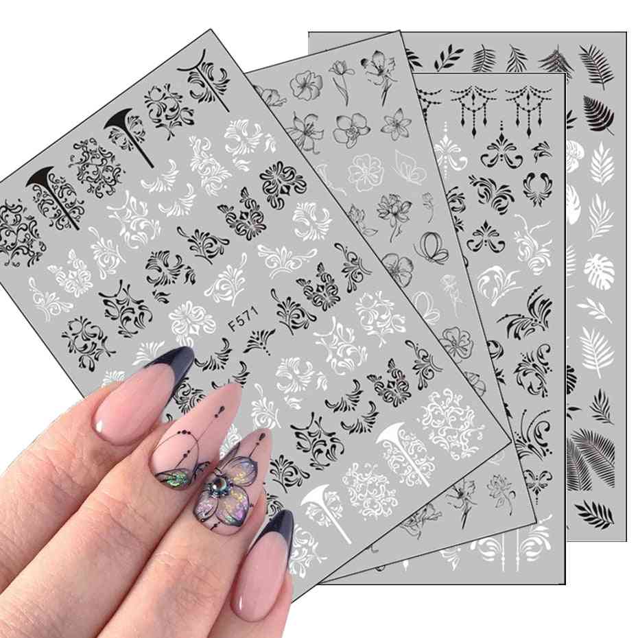 3d Nail Art Decorations With Black White Letter Stickers For Nails - Flower Leaf Linear Design