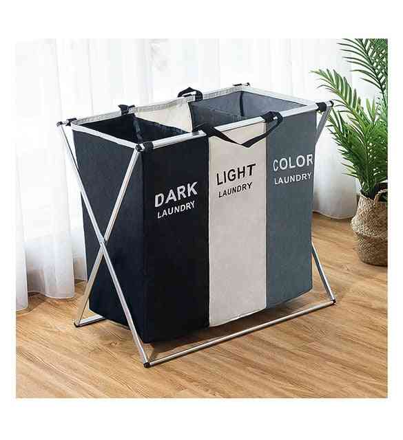 X Shape Foldable Dirty Laundry Large Capacity Basket Organizer With Printed Collapsible Three Grid Design