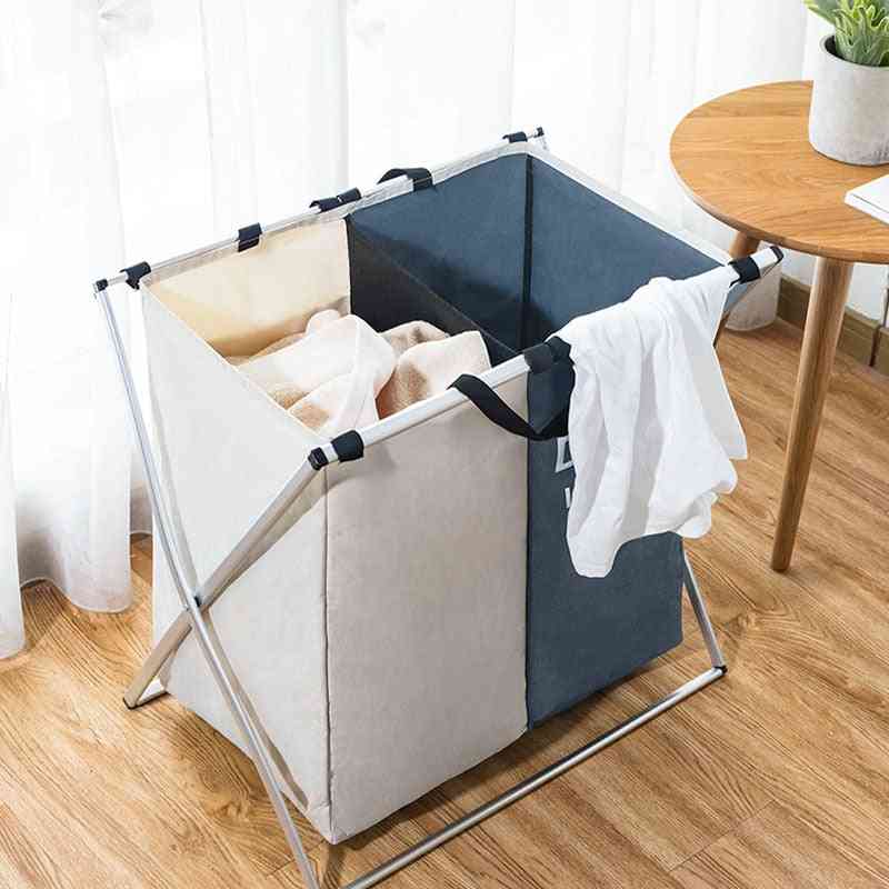 X Shape Foldable Dirty Laundry Large Capacity Basket Organizer With Printed Collapsible Three Grid Design