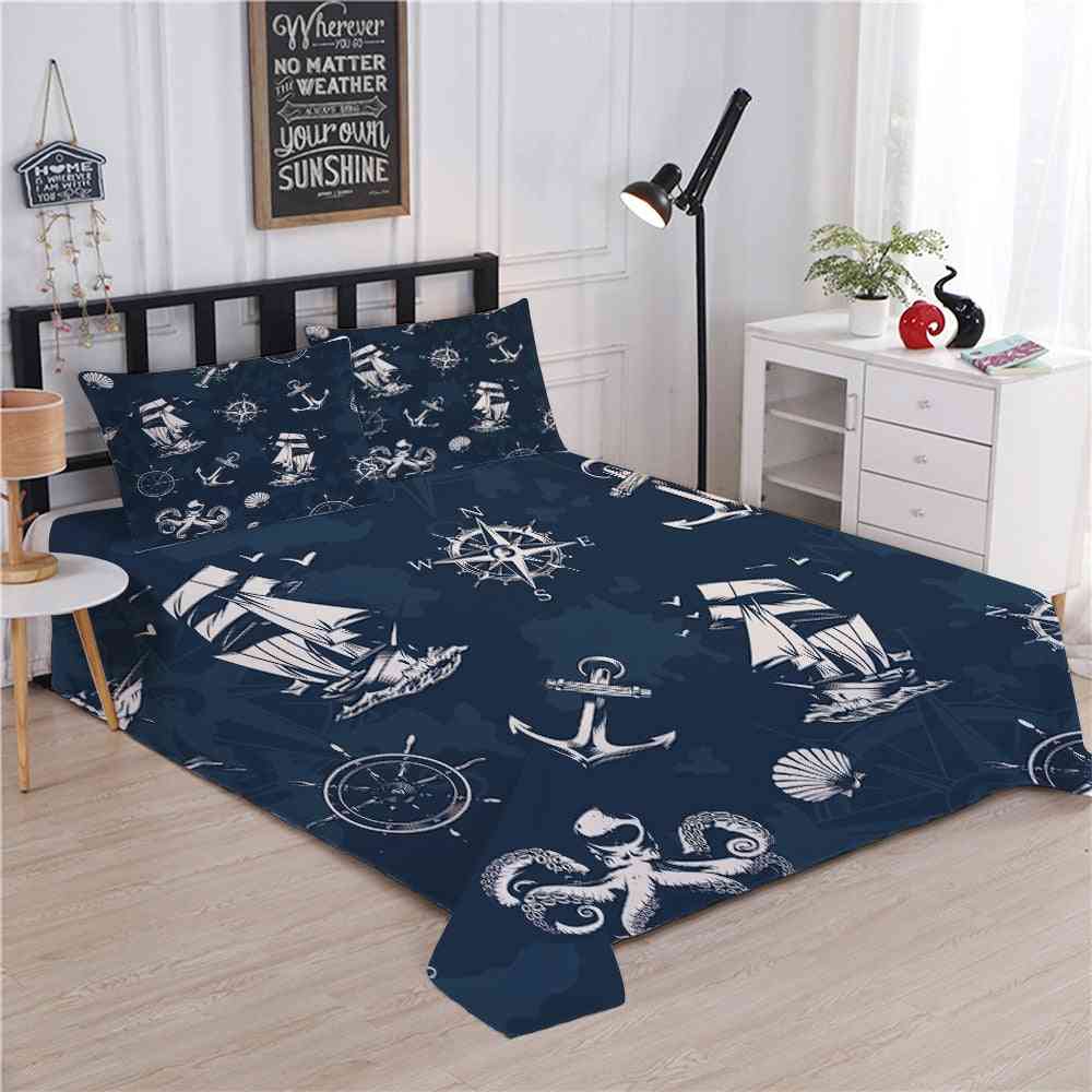 Nautical Style Bedding Sets - Duvet Cover, Flat Sheet King Queen Size Bed Linen With Pillowcase