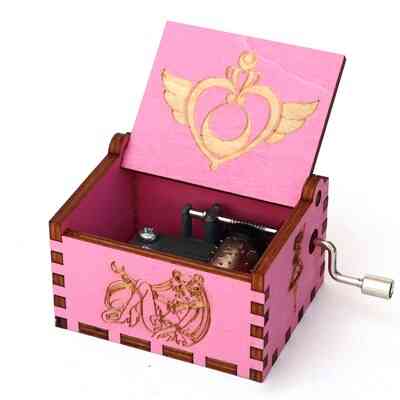 Tema de sailor moon caja de música rosa de madera tallada a mano con manivela antigua - sailor moon-pink