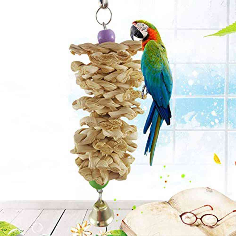 Adding Bird Parrot Toy With Bell Natural Wooden Grass Chewing Bite Hanging Cage Swing Climb Chew