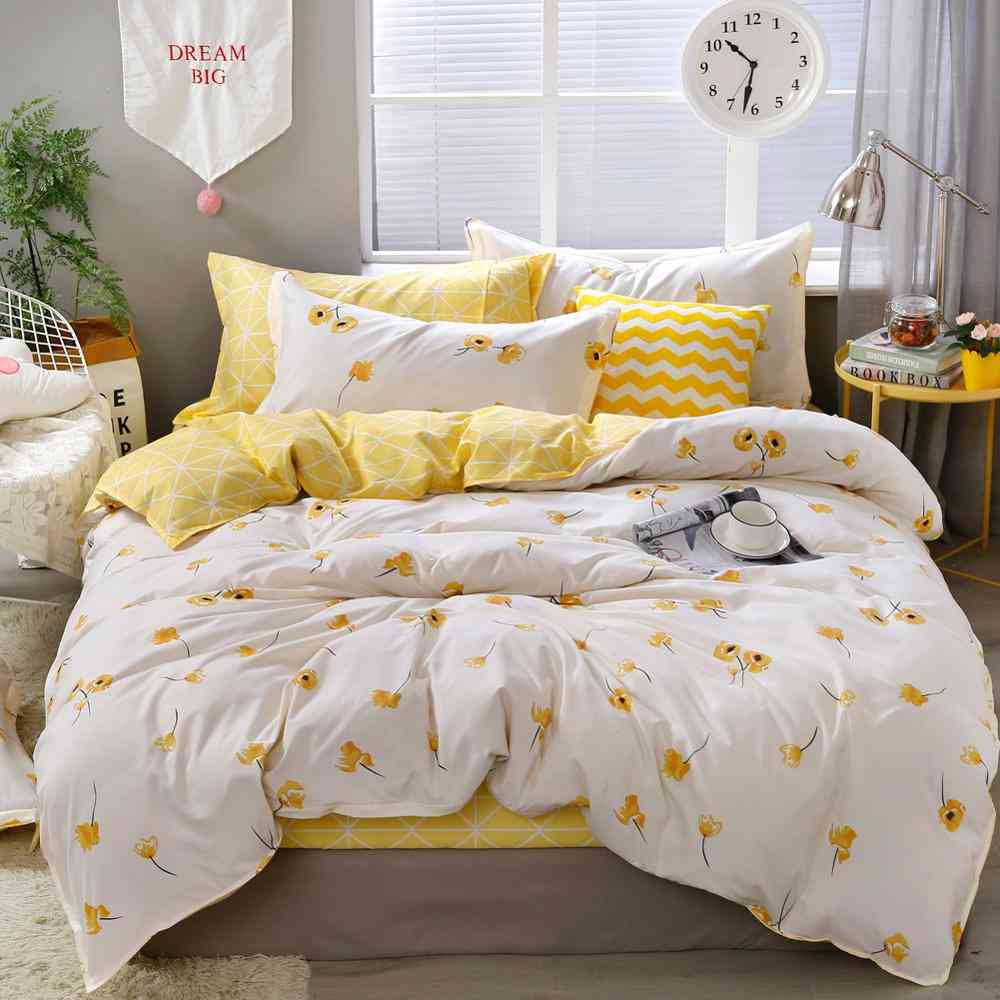 Set de lenjerie de pat florală de lux - husă de plapumă trifoi norocoși și cearșafuri reversibile în carouri