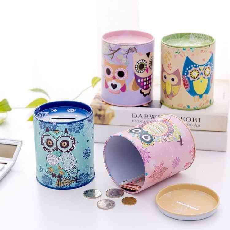 Vintage Owl, Tinplate Piggy Bank - Home Decoration Round Box Accessories For Kid &'s