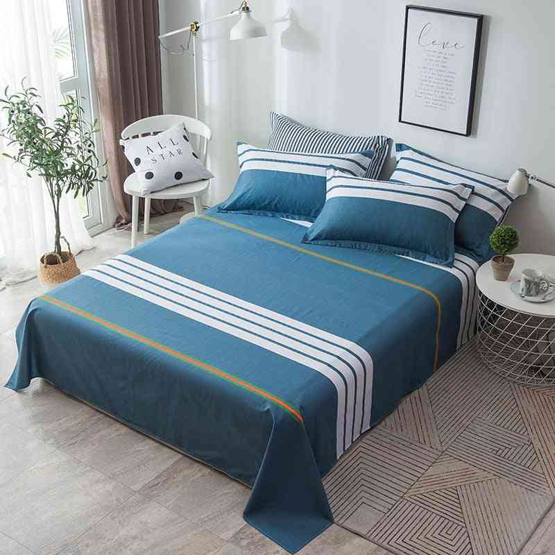 Cotton Flat Bed Sheet With Pillowcase, Geometric Printed Plaid Stripe Adult Bedding Sheets Coverlet