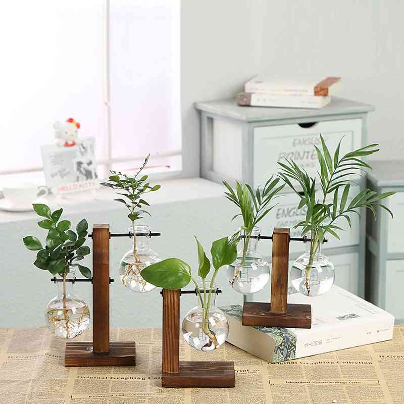 Terrarium Hydroponic Plant Transparent Vases - Flower Pot Vase, Wooden Frame Glass Tabletop For Decor