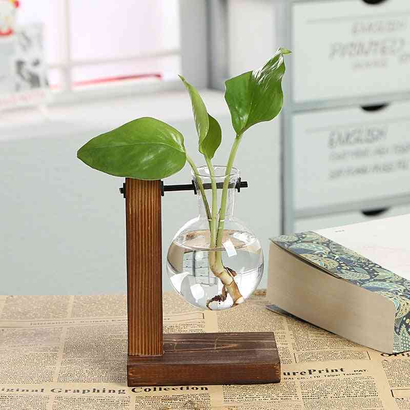 Vintage terrarium roślina hydroponiczna, doniczka przezroczysty wazon - drewniana rama szklana roślina stołowa wystrój domu bonsai - pojedyncza butelka