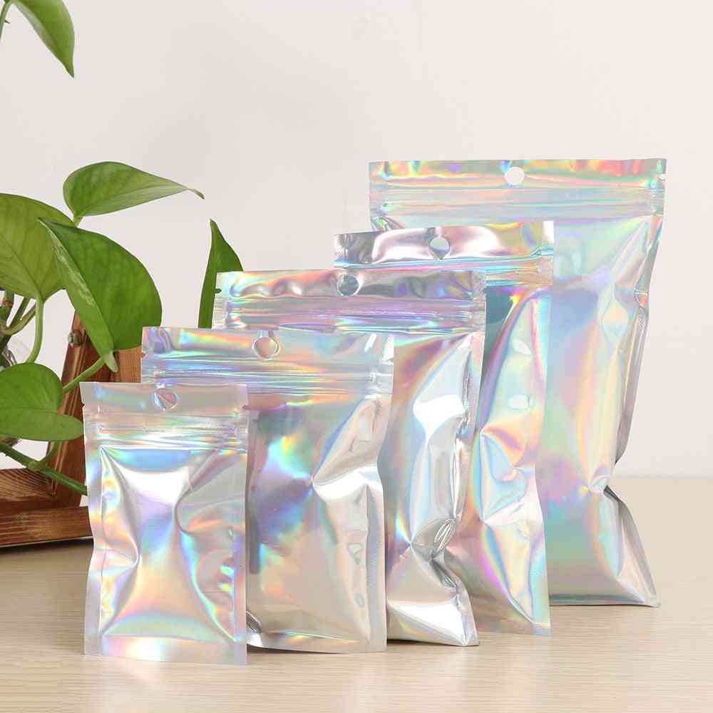 Iridescent Holographic Zip Lock Pouches, Bags For Cosmetic, Makeup