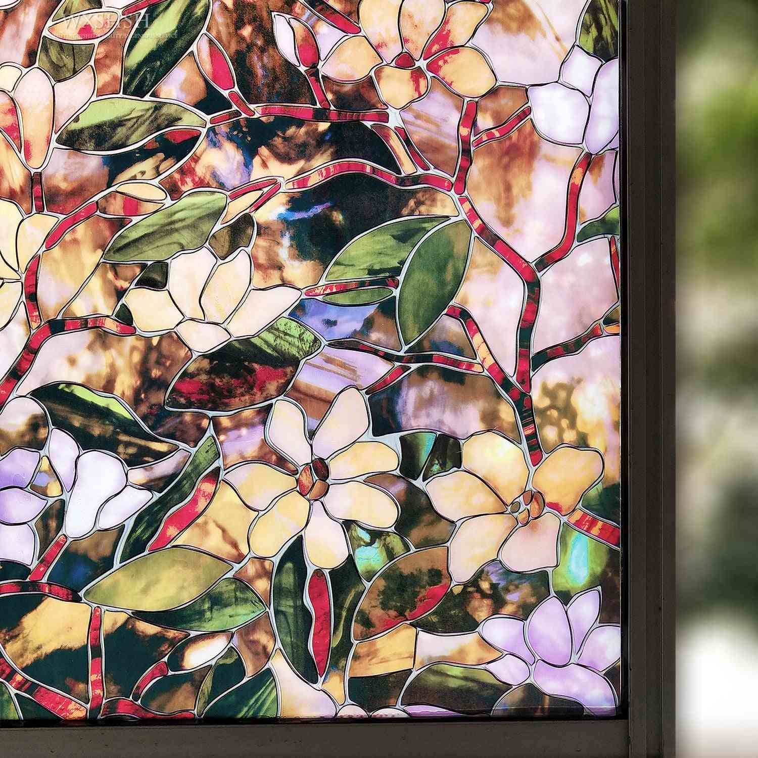 Privacy Solar Window Film, Static Non Adhesive Stained Magnolia Pattern, Decorative Sun Blocking Film