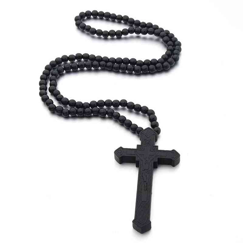 Wood Catholic Jesus Cross With Wooden Bead Carved Rosary Pendant