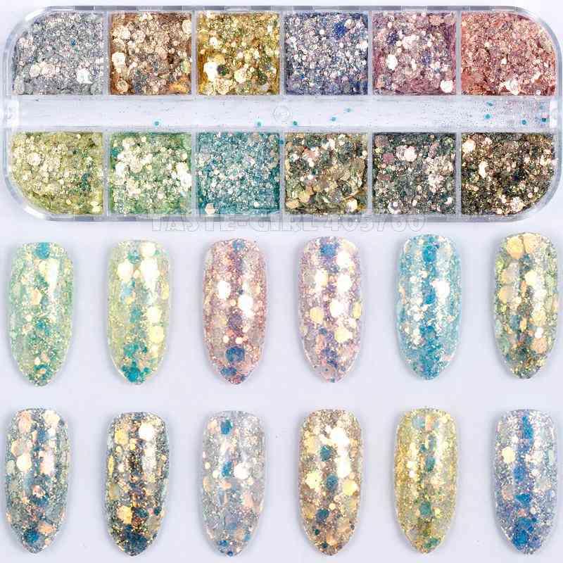 30gm Combined Glitter Holographic Hexagon Sequins Sugar Marble Powder, Mylar Foil Shell Nail Art Decoration