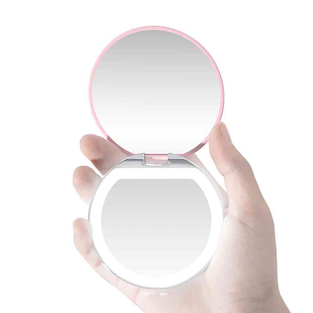 Led Light Mini Makeup Mirror - Compact Pocket Face Lip, Travel Portable Lighting Mirror, 3x Magnifying Foldable