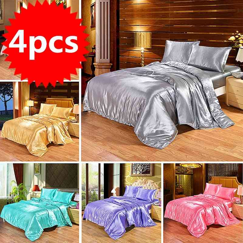 4pcs Luxury Silk Bedding Set Satin Queen King Size Bed Set Comforter Quilt Duvet Cover Linens With Pillowcases And Bed Sheet