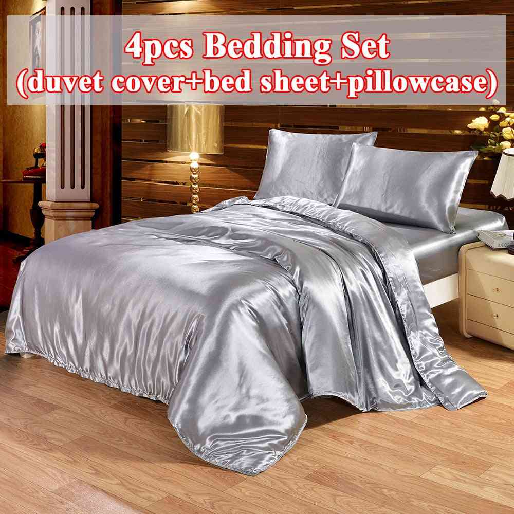 Conjunto de roupa de cama de seda de luxo com 4 unidades de cetim queen size conjunto de cama de cetim e edredom edredom, lençóis com fronhas e lençol - roxo / lençol plano / cama de 1,3 m 4 unidades