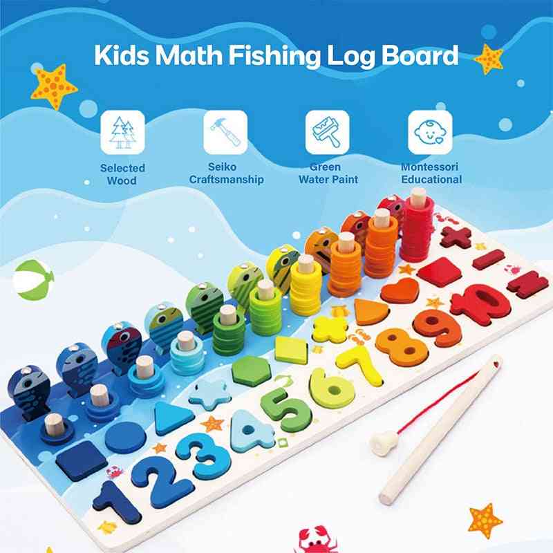 Kinderen educatief houten, 5 in 1 vissen tellen nummers die overeenkomen met digitale vorm logbord puzzel speelgoed - 4 in 1 set
