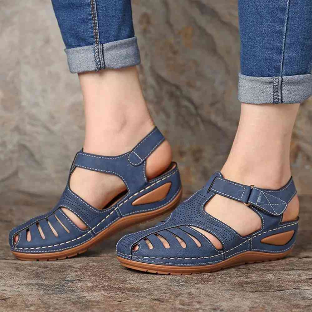 Women Shoes, Sandals With Pu Buckle - Ladies Retro Sewing, Hollow Out, Flat Shoes