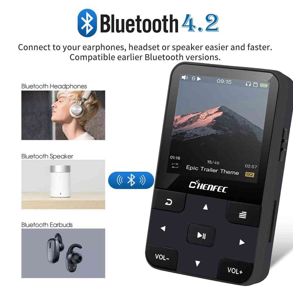 Ruizu reproductor de mp3 bluetooth 4.0hifi mini clip reproductor de música mp3 con soporte de pantalla fm, reloj, podómetro compatible con tarjeta sd de hasta 128 gb - c56-negro / 16 gb