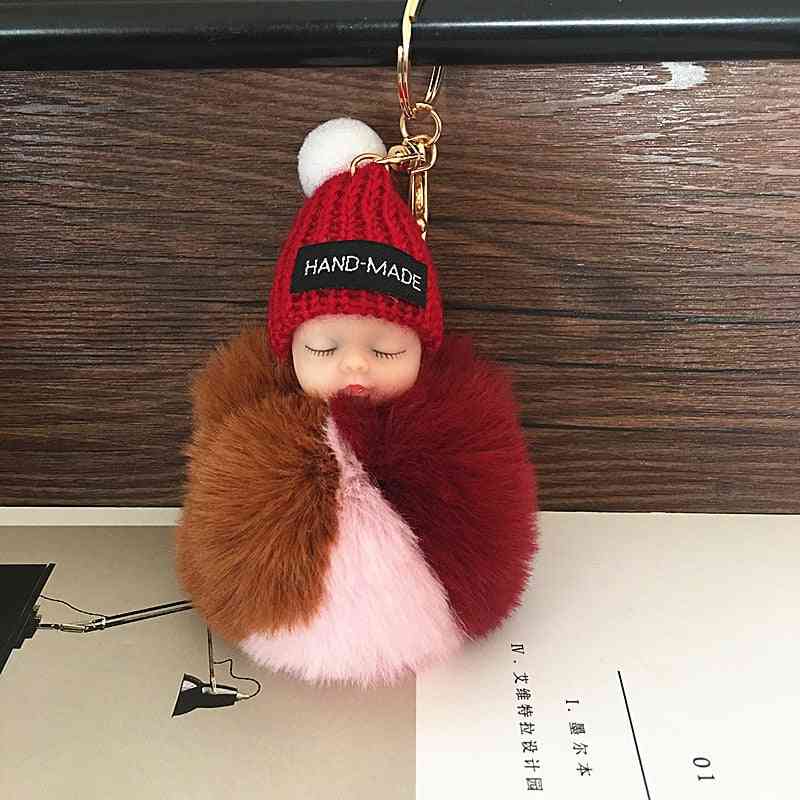 Boneca de bebê fofa para dormir - chaveiro falso pompom, bola de pelo de coelho chaveiro de pelúcia chaveiro feminino bolsa de chaveiro brinquedo pendente - 1