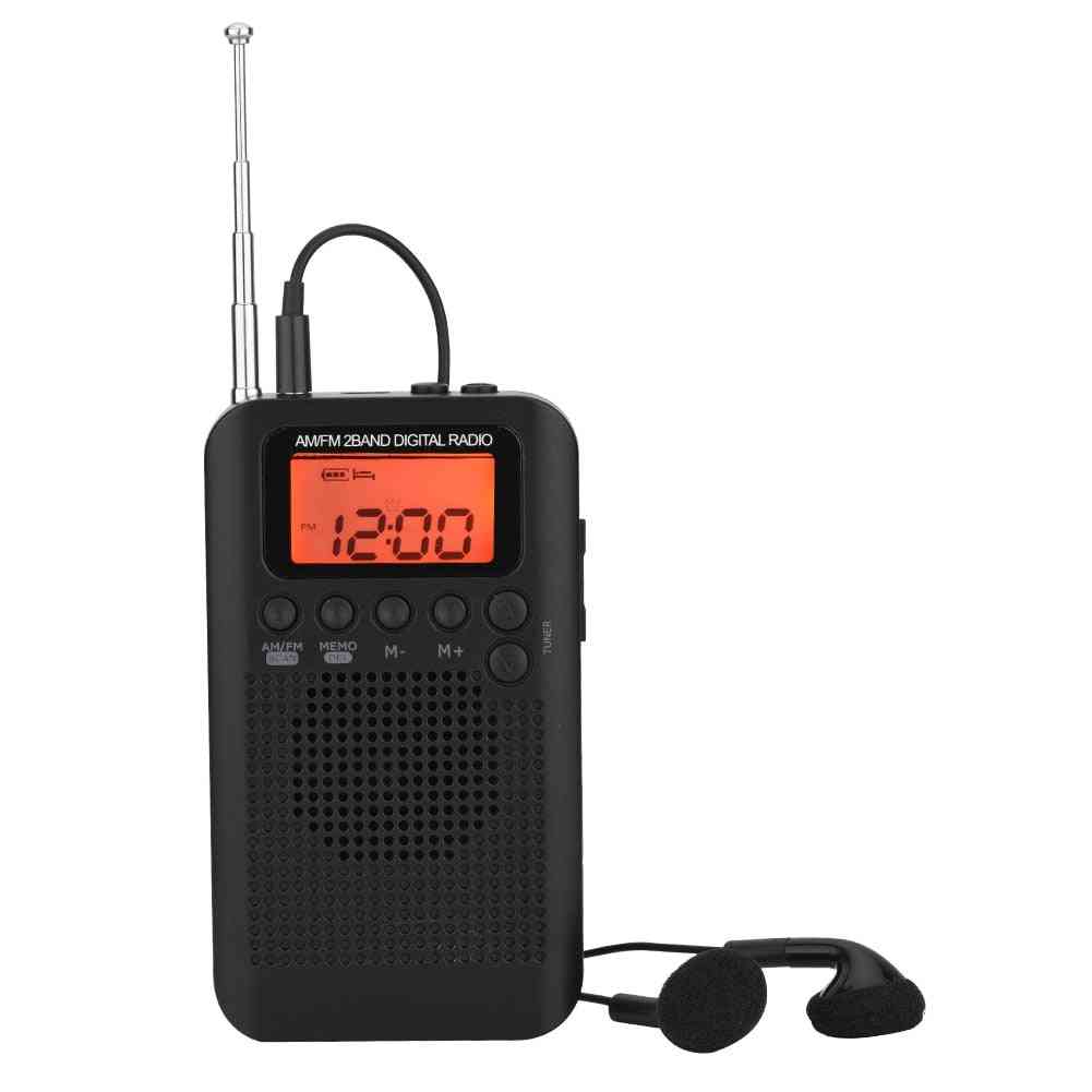 Bærbar mini radio - dual band am fm digital radio, stereo radio LCD display, digital tuning lommeradio med øretelefoner - sort