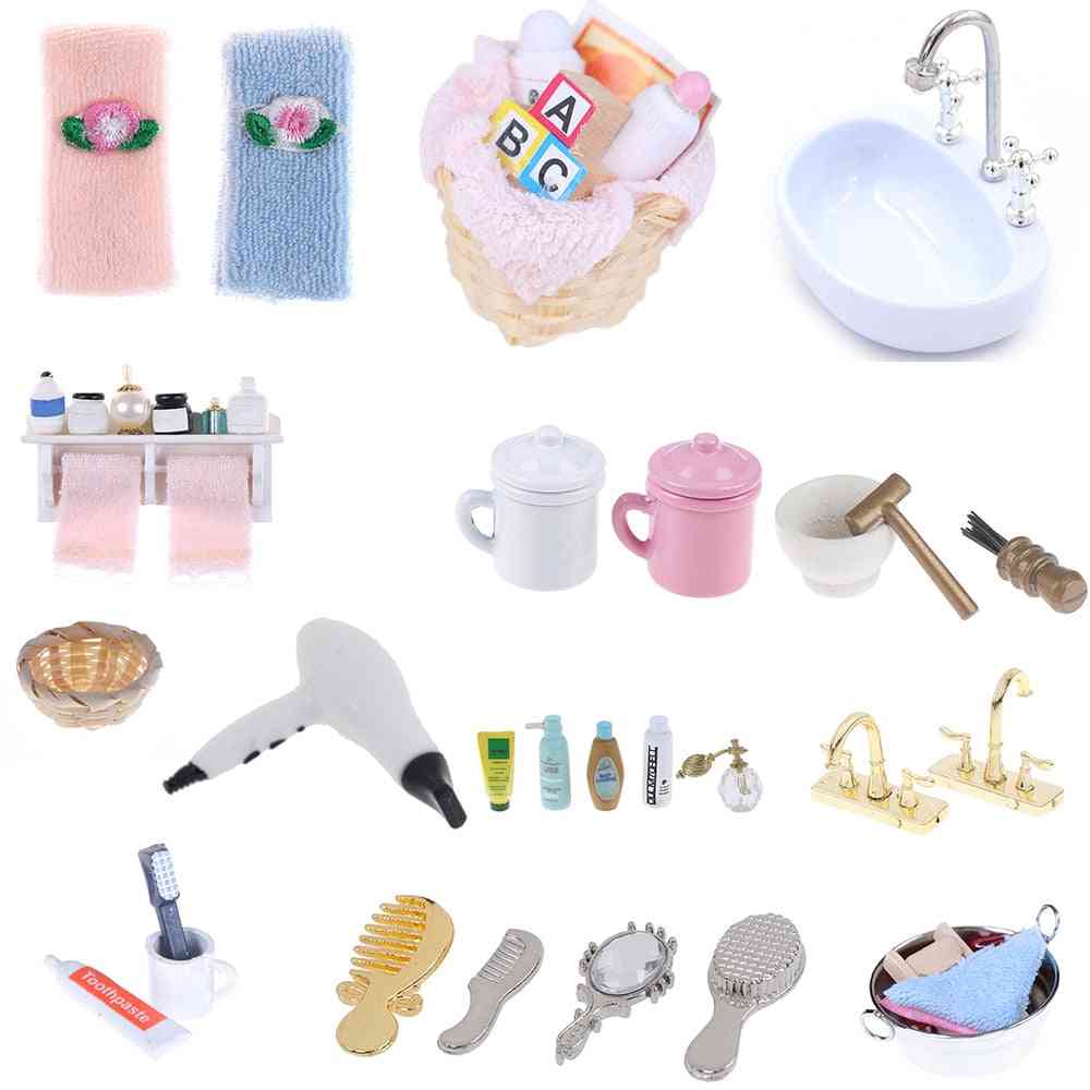 Diy 1/12 Miniature Dollhouse Bathroom Furniture Accessories Sets- Bath, Toothbrush, Toothpaste, Cup Comb Hair Dryer Mirror Baby