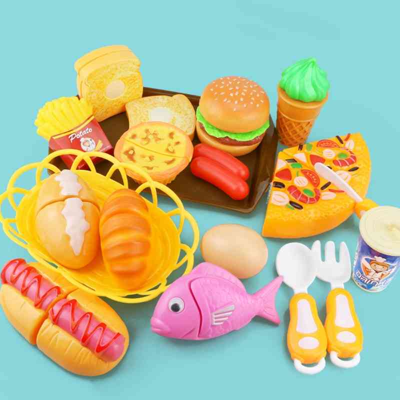 Children Kitchen Cutting Pizza, Hamburger, Bread Fast Food Pretend Play- Plastic Miniature Kids
