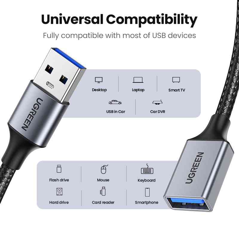 Płaski kabel USB męski na żeński, przedłużacz do telewizora PC - USB 3.0 metal szary / 1m