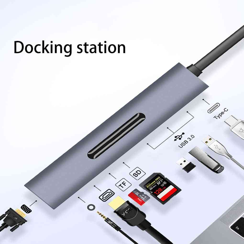 9 i 1 Thunderbolt 3 Dock, USB C Hub Type-C till HDMI + VGA med Audio HD Converter Adapter för Macbook, Samsung S8, USB C (Silver) -