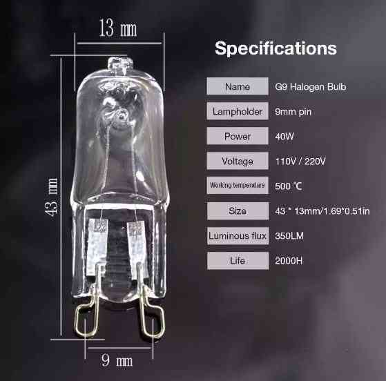 Luz de horno g9 - lámpara halógena duradera resistente a altas temperaturas para refrigeradores - 40w 110v