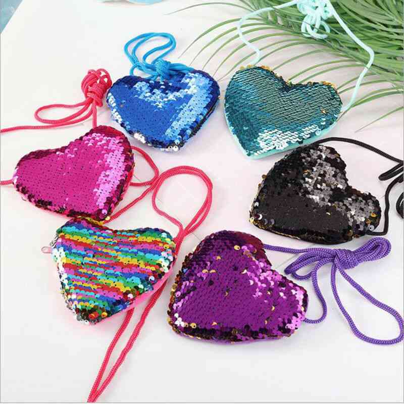 Heart Shape, Sequins, Small And Fashionable Sling Bag