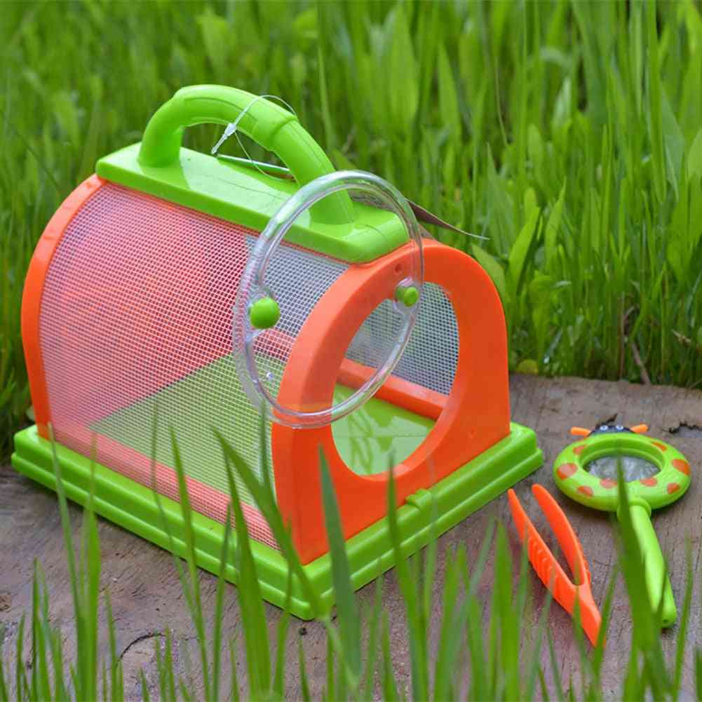 Bærbar barn insekt bug bur med pinsett forstørrelsesglass bakgård utendørs vitenskapelig leting critter pedagogisk leketøy - oransje grønn tilfeldig