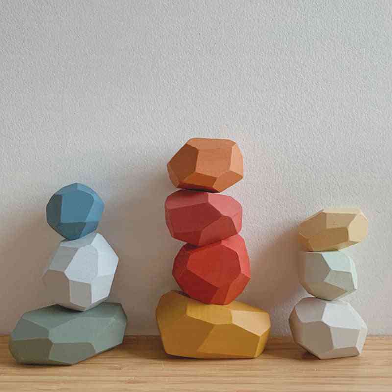 Kreative træ jenga byggesten farvet sten pædagogisk, kold tone nordisk stil stabling spil børns legetøj - a-pose 10stk