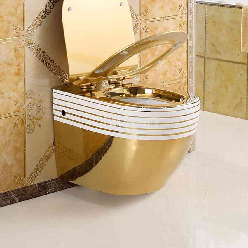 Vægmonteret skyl toilet - luksus titanium guldmalet badeværelse nærmestool uden vandtank -