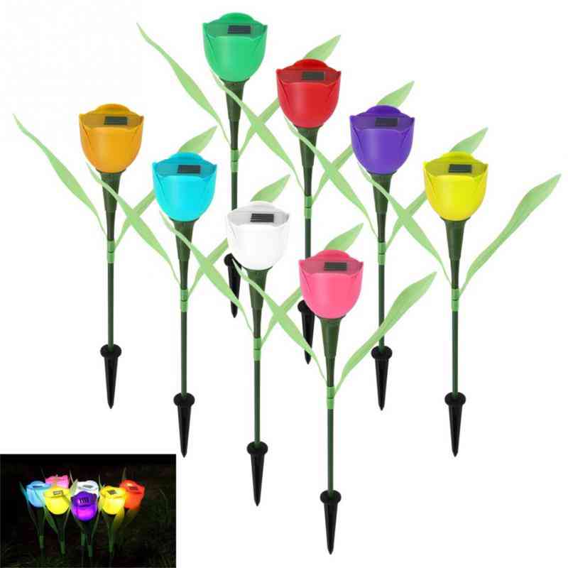 8 farver tulipanblomstformet sol-ledet lys til udendørs, have, natlamper, hjemmeplæne - gul