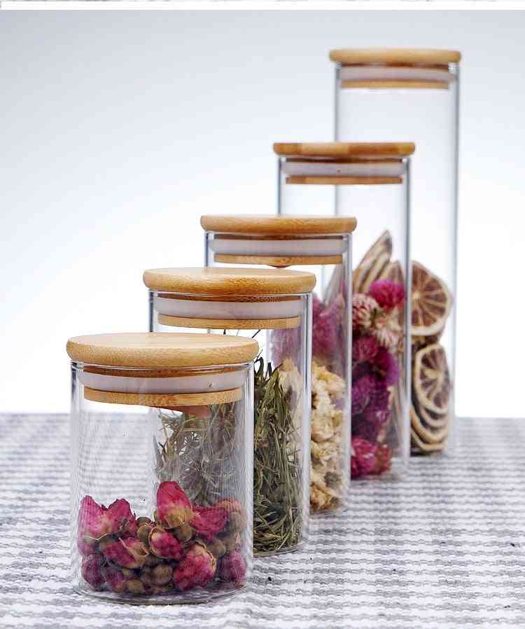 Potes de vidro vedados com tampa de bambu para armazenamento de produtos de cozinha - y6 4 peças