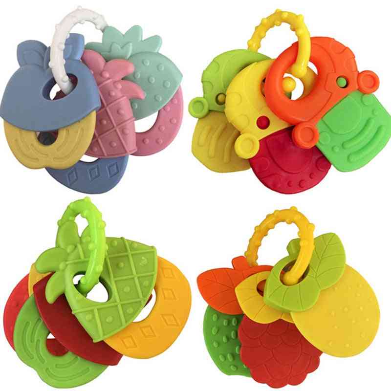 Baby Fruit Style Soft Rubber Rattle Teether Toy- Newborn Chews Food Grade Silicone, Infant Training Bed Chew Kid