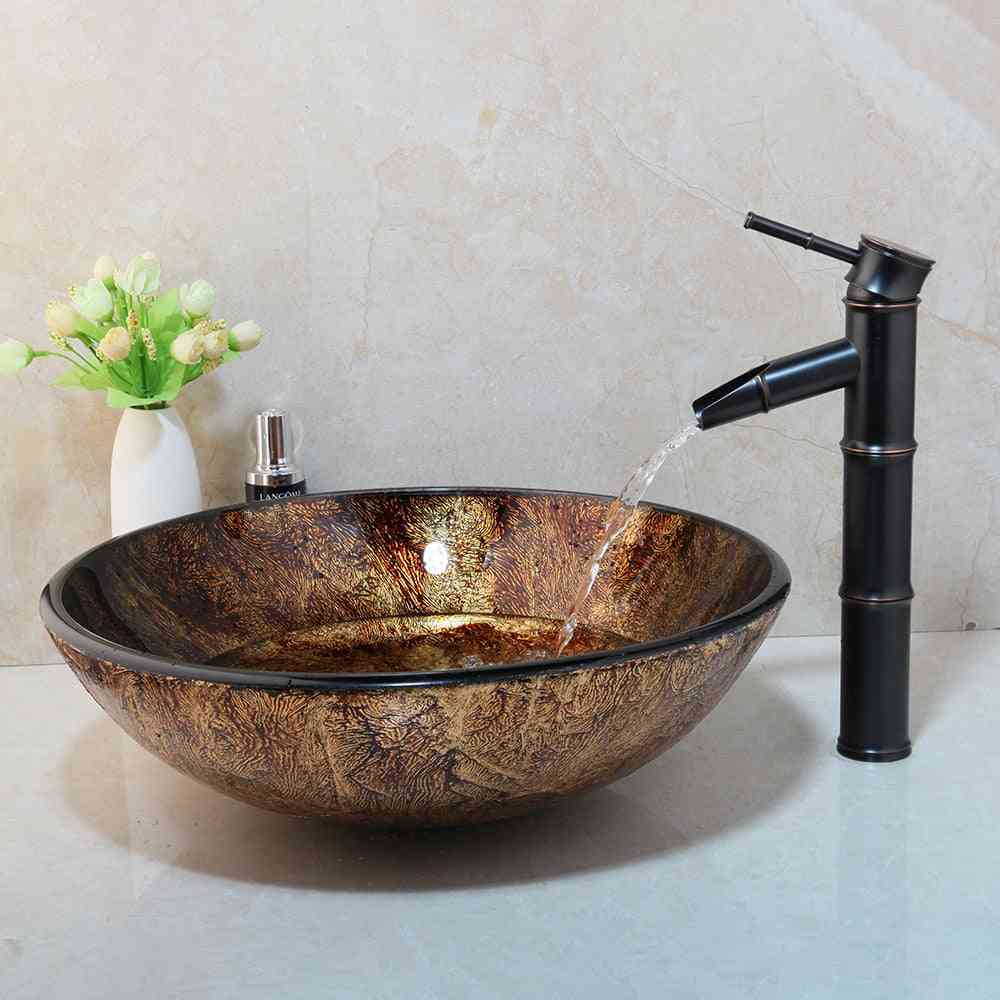 Tvättställ runt glas kärl handfat kran glas set, badrum glas handfat svart orb bambu vattenfall blandare kran