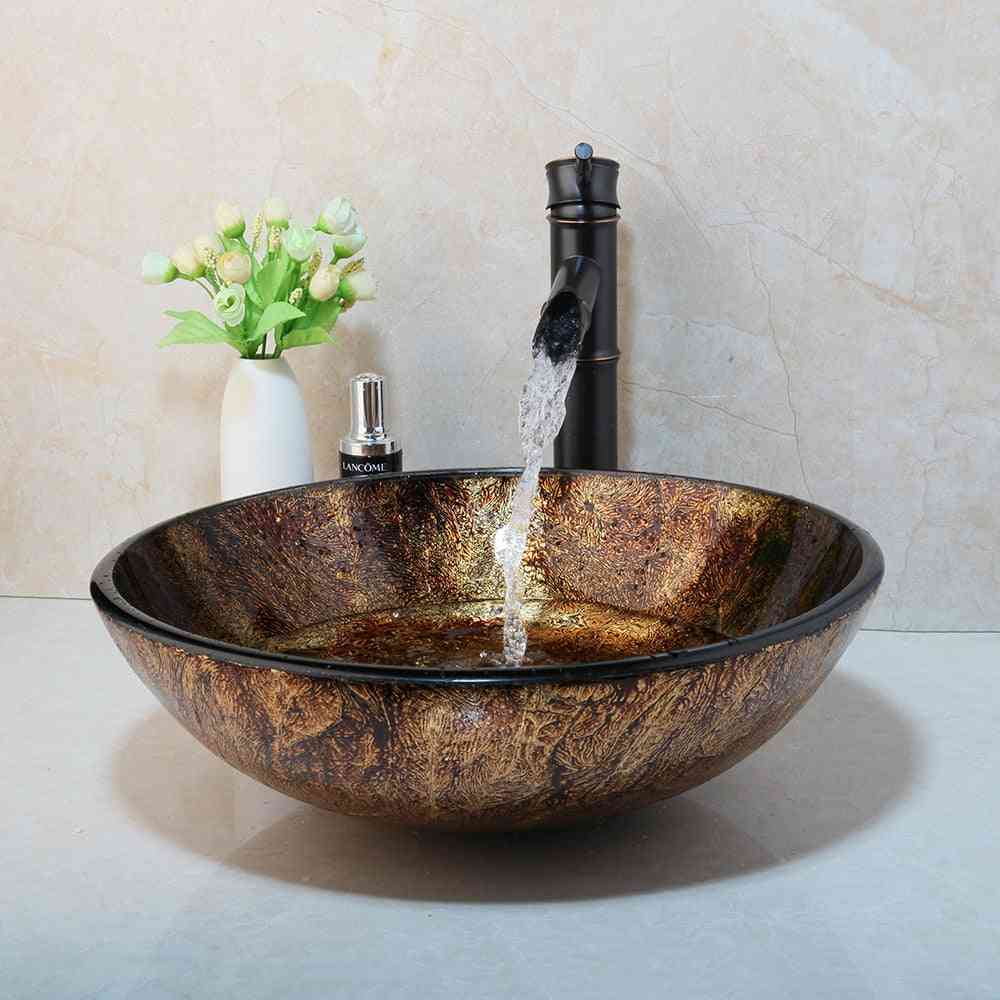 Tvättställ runt glas kärl handfat kran glas set, badrum glas handfat svart orb bambu vattenfall blandare kran