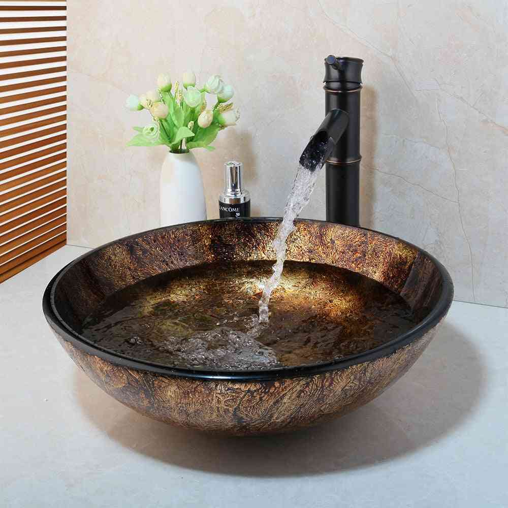 Håndvask runde glasbeholder vask vandhane glas sæt, badeværelse glasvask sort orb bambus vandfald blandebatteri vandhane