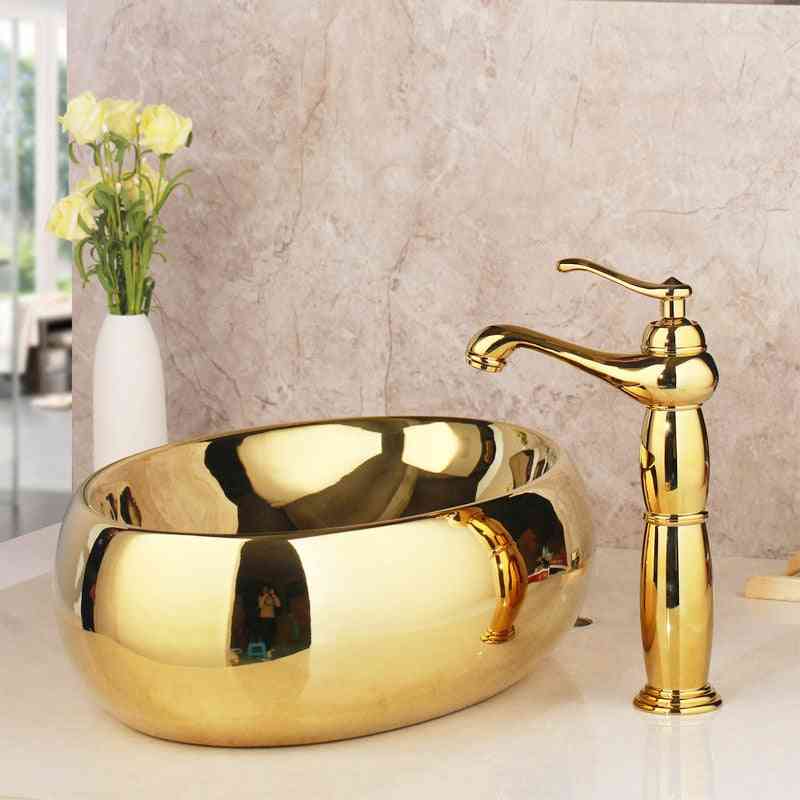 Solid Brass Golden Luxury Ceramic - Lavatory Bathroom Washbasin Faucets Sets