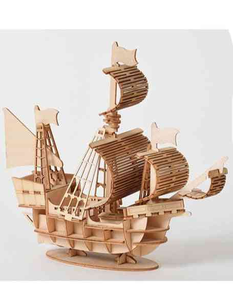 Ansamblu de puzzle din lemn 3D, navă cu vele cu tăiere cu laser - biplan, jucării cu locomotive cu aburi pentru copii