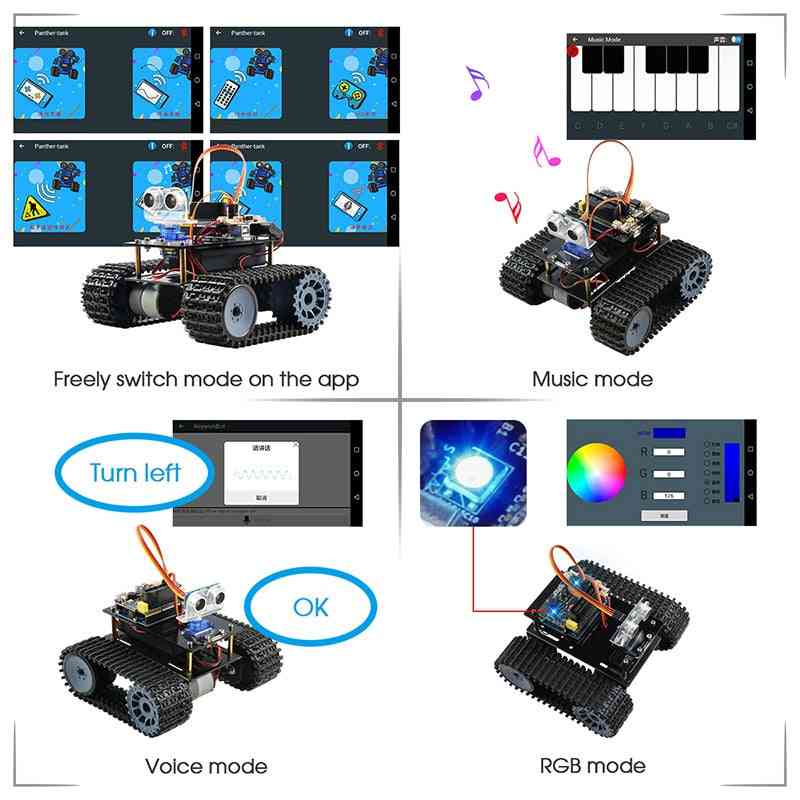 Fernbedienung, Ultraschall, Bluetooth-Modul Stiel Tank Roboter Spielzeug für Kinder -