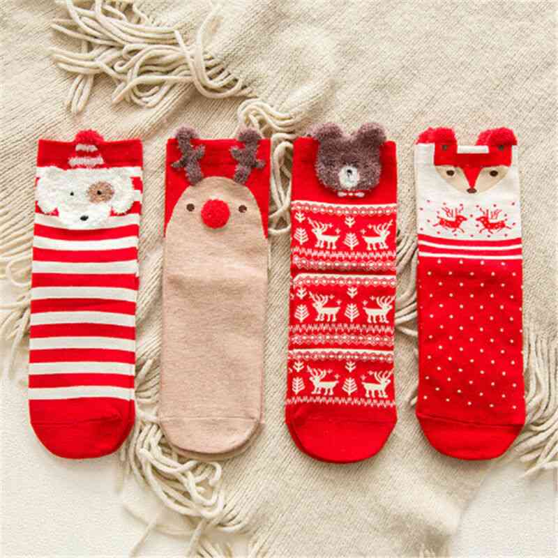 Skarpetki dla dziewczynek chłopcy dla dzieci - w paski, frotte, śnieżynka, łoś, święty mikołaj, miś bożonarodzeniowy - styl A