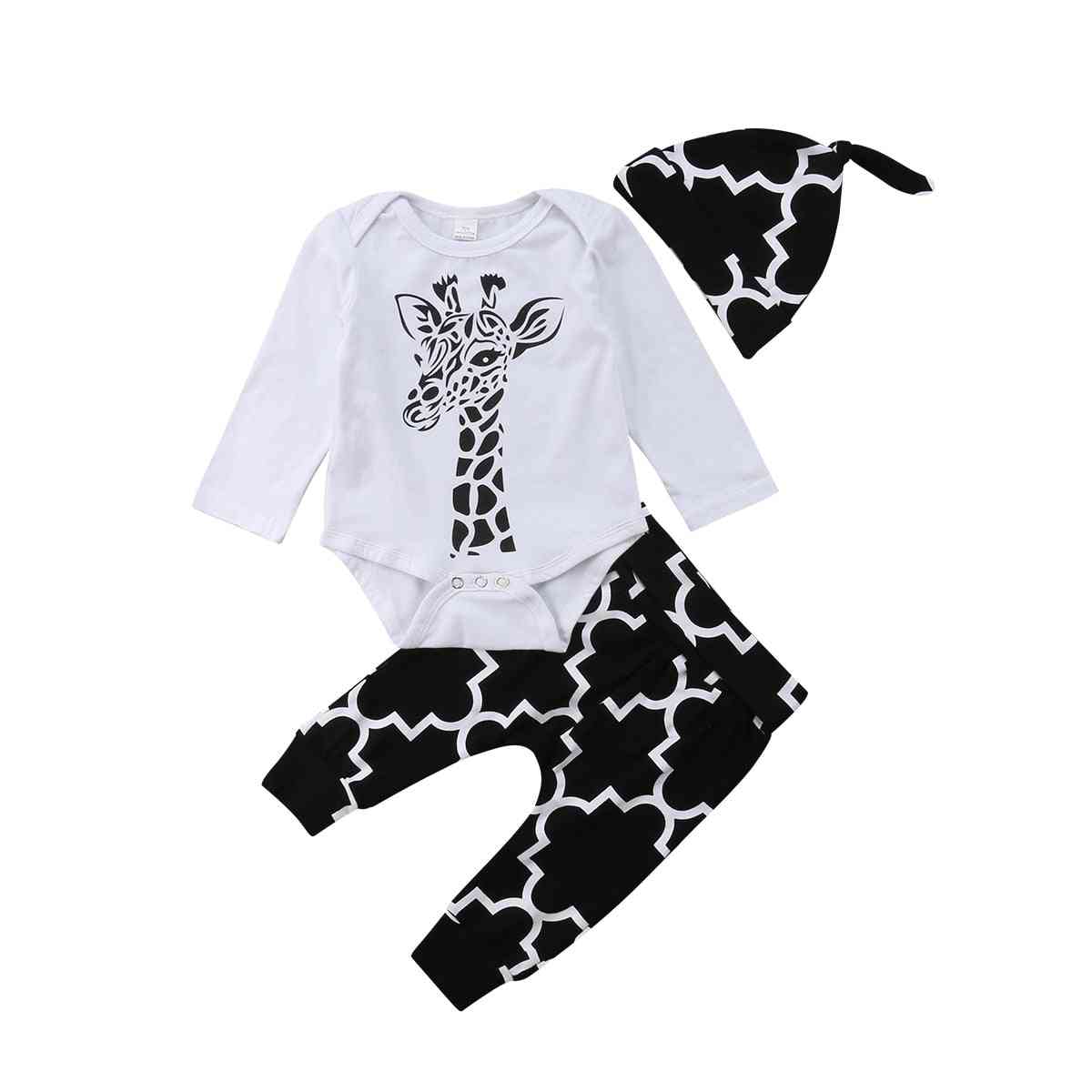 Pojkekläder för baby - bomull, hjort långärmad, romper + byxor + hattkläder - vit1 / 3m