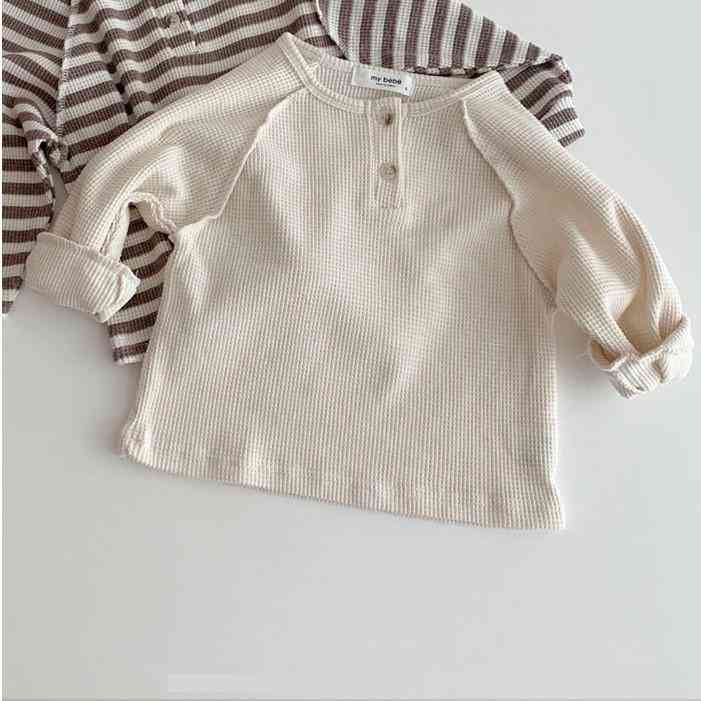 Striped Ribbed Cotton Long Sleeve T-shirt With Buttons - Casual Tops