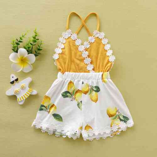 Baby Girl Tassel Backless Lace Patchwork Lemon Printed Fashion Clothes Sunsuit Outfits